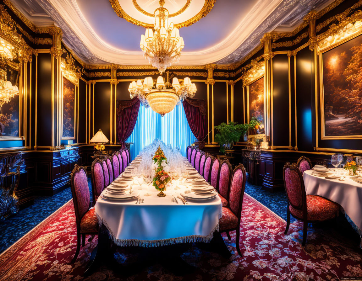Luxurious Dining Room with Elaborate Chandelier and Classical Paintings