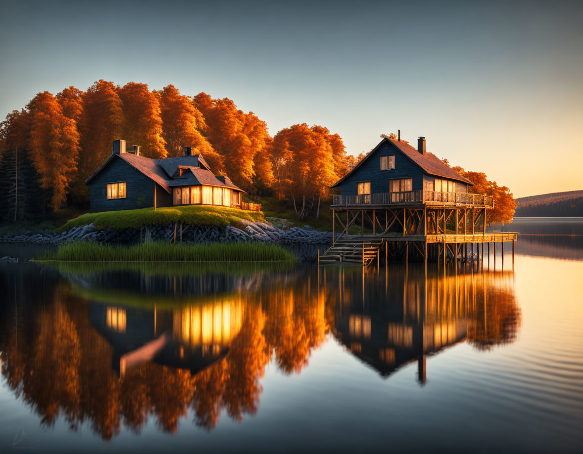 Rustic houses at sunset by calm lake with autumn trees