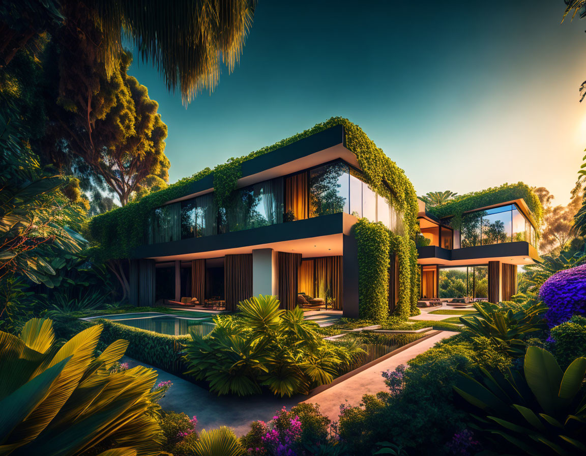 Modern villa in dense vegetation