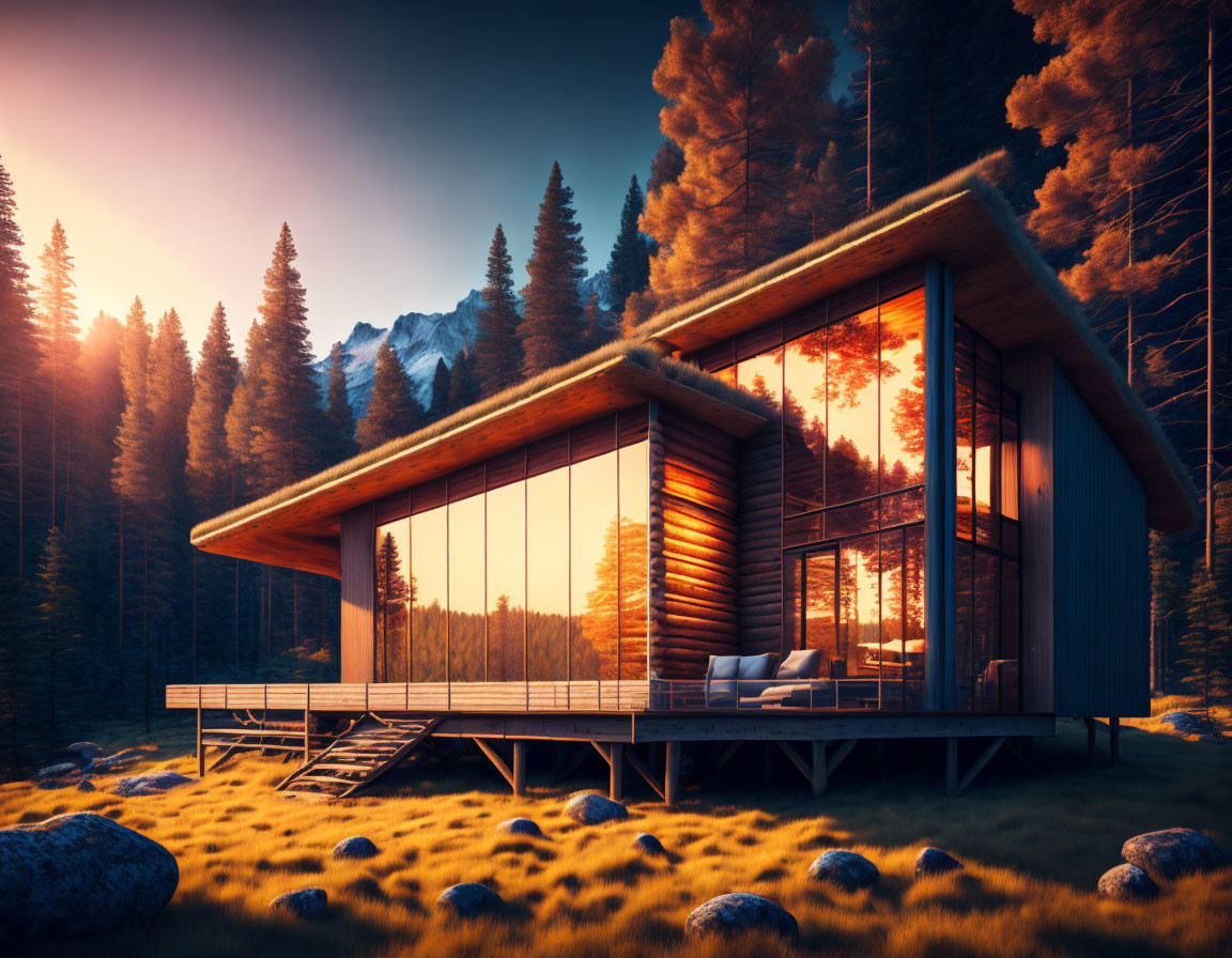 Contemporary forest cabin with large windows, mountains, and warm sunset light.