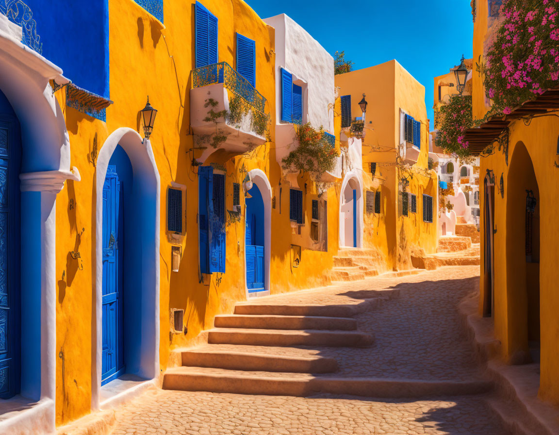 Colorful Street Scene with Cobalt Blue Doors and Sunlit Yellow-Orange Walls