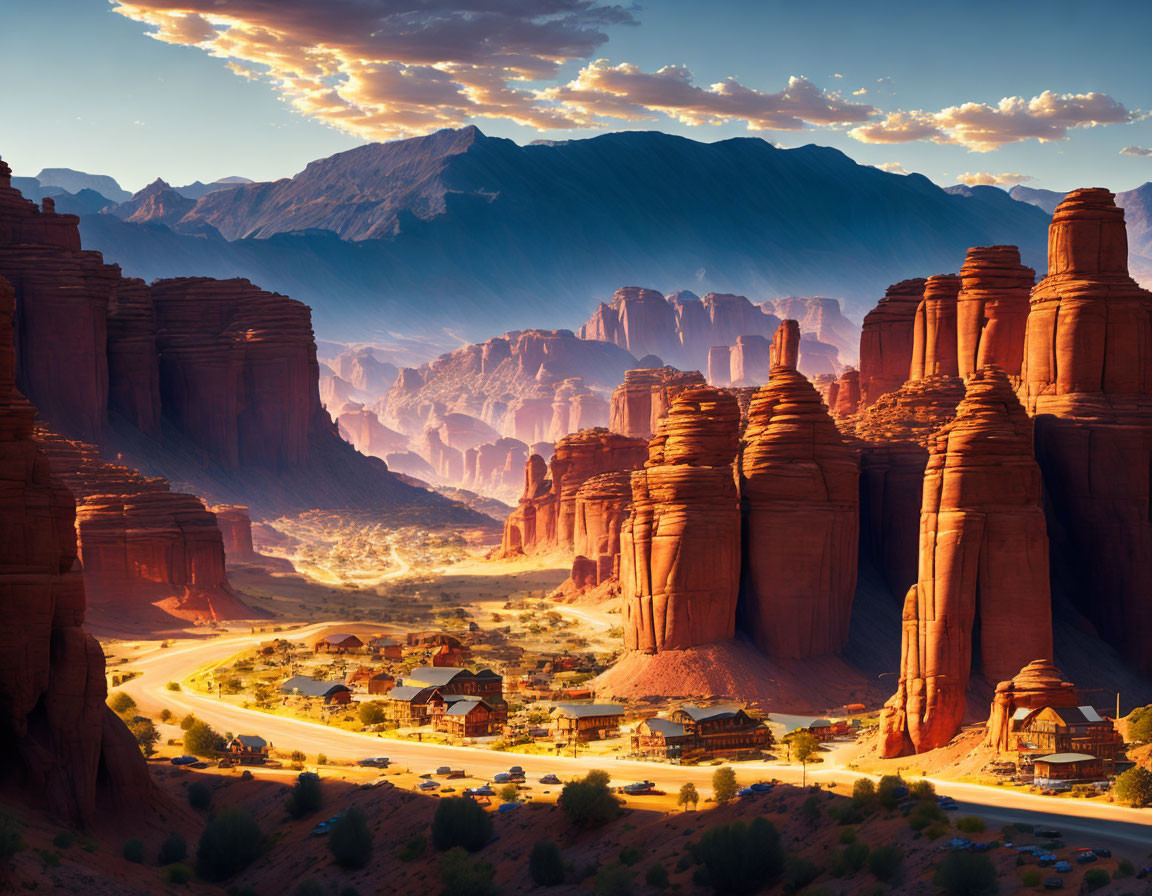 Scenic village in valley with red rock formations at sunset