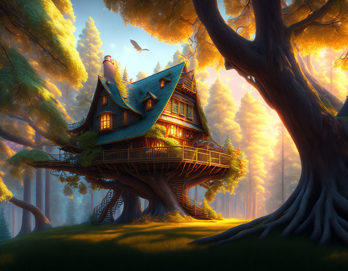 Golden forest treehouse with spiraling staircases and warm light.