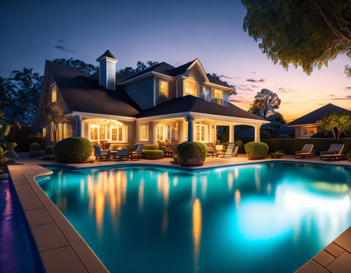 Luxurious Two-Story House with Illuminated Windows and Swimming Pool at Twilight