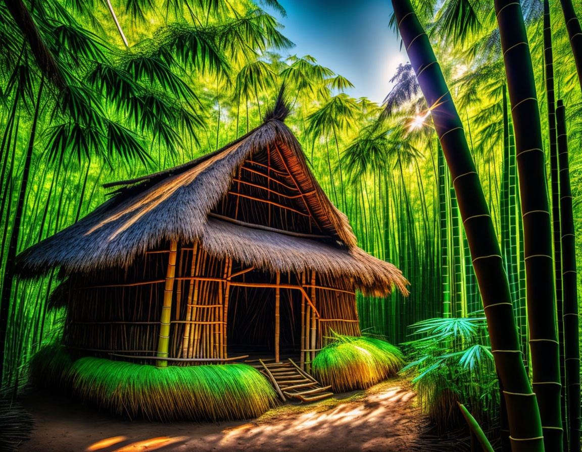Hut in bamboo forest.