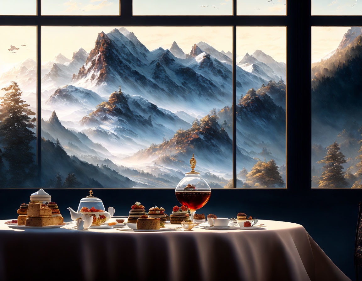 Tea set on table with mountain view at sunrise or sunset