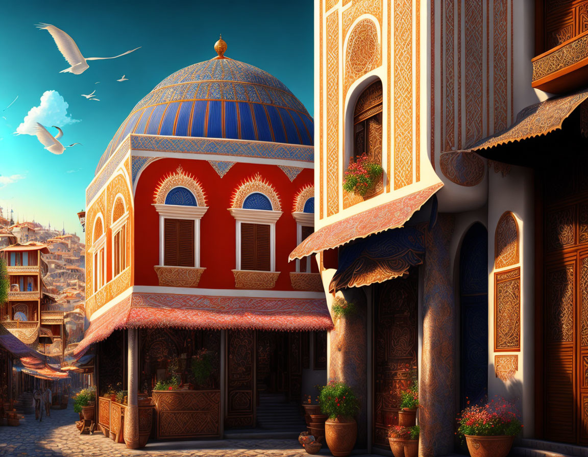Detailed Middle Eastern town illustration with ornate buildings, blue dome, patterns, and flying birds.