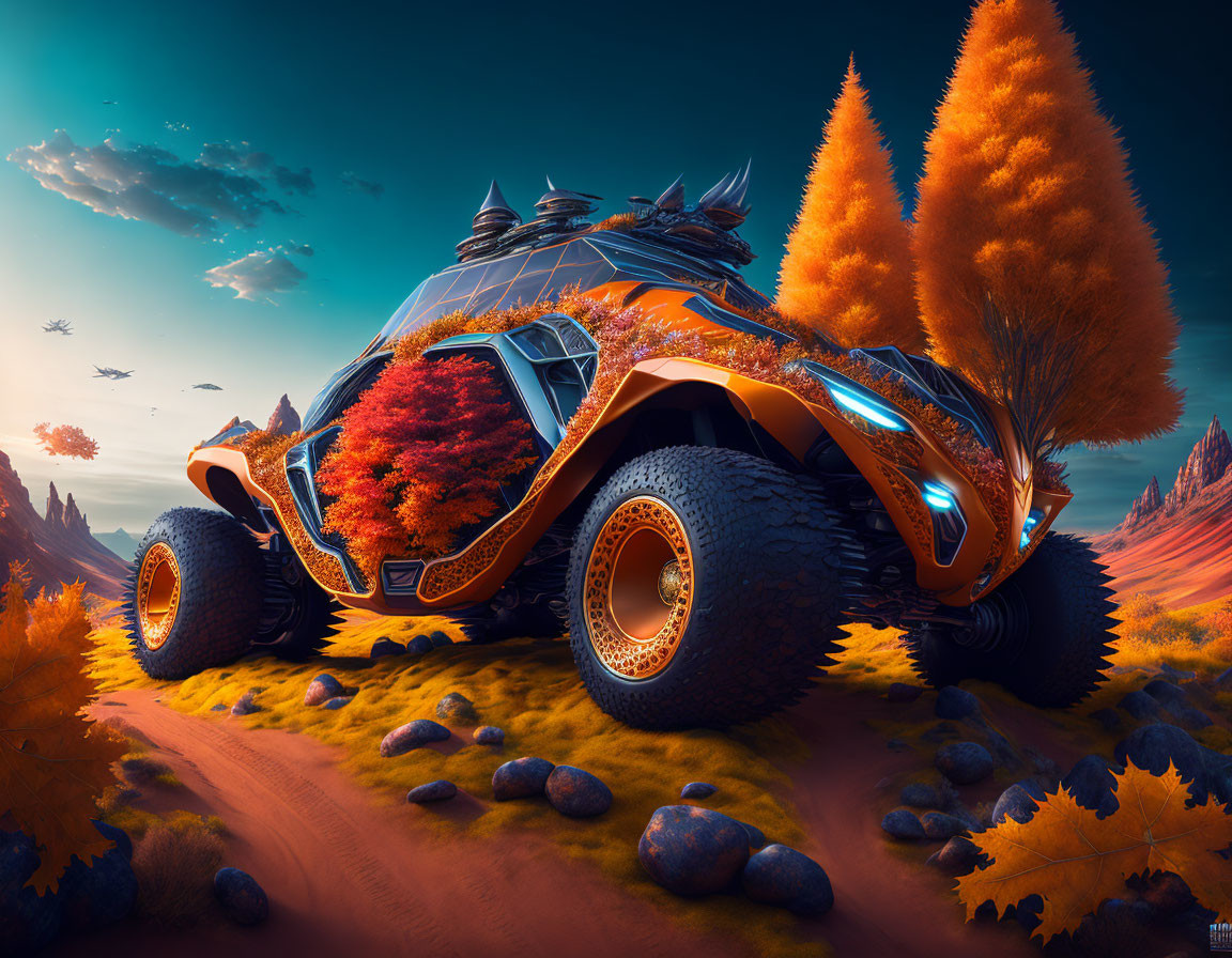 Futuristic orange vehicle in organic design among autumnal trees on rocky terrain