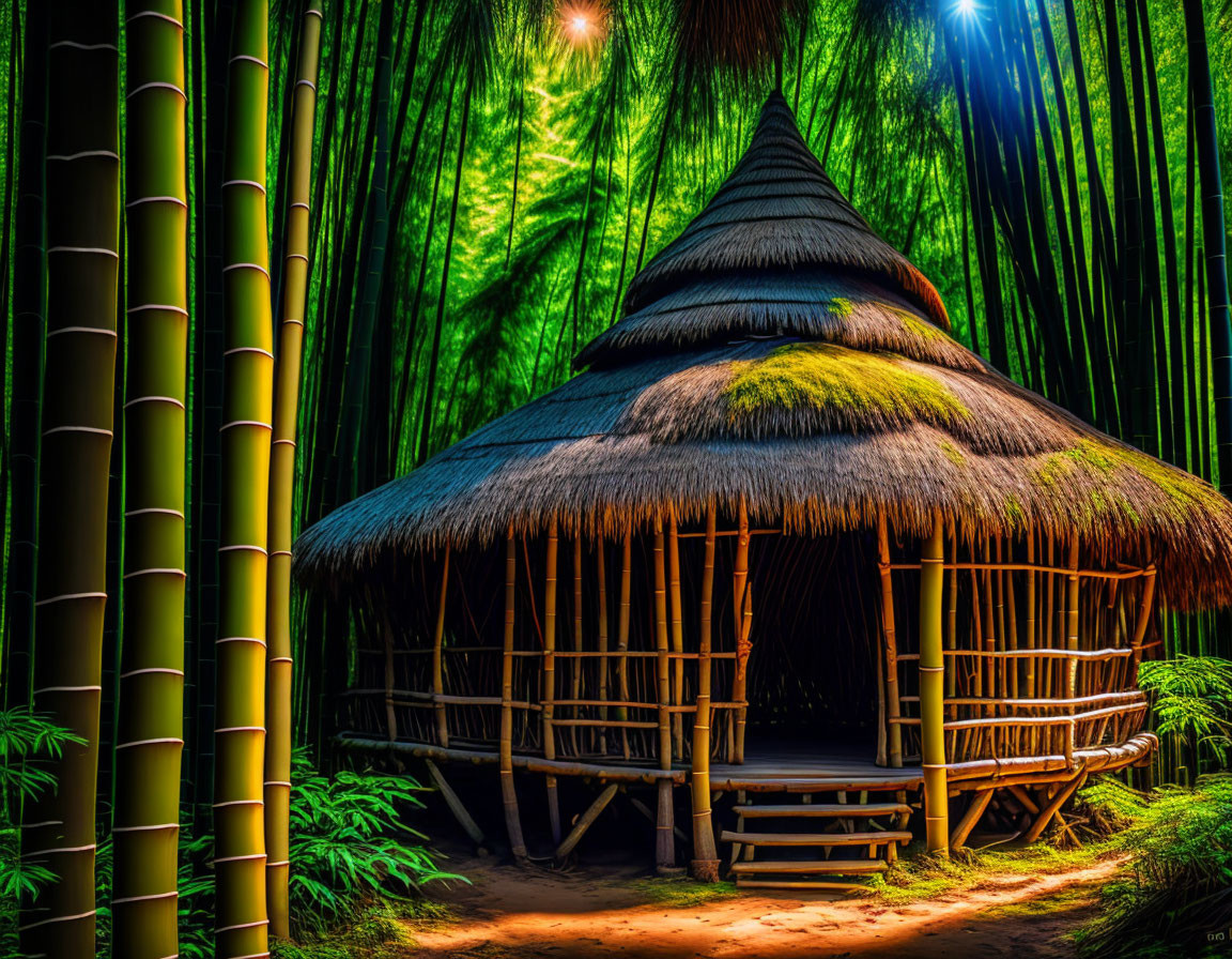 Thatched hut in lush bamboo forest under sunbeam