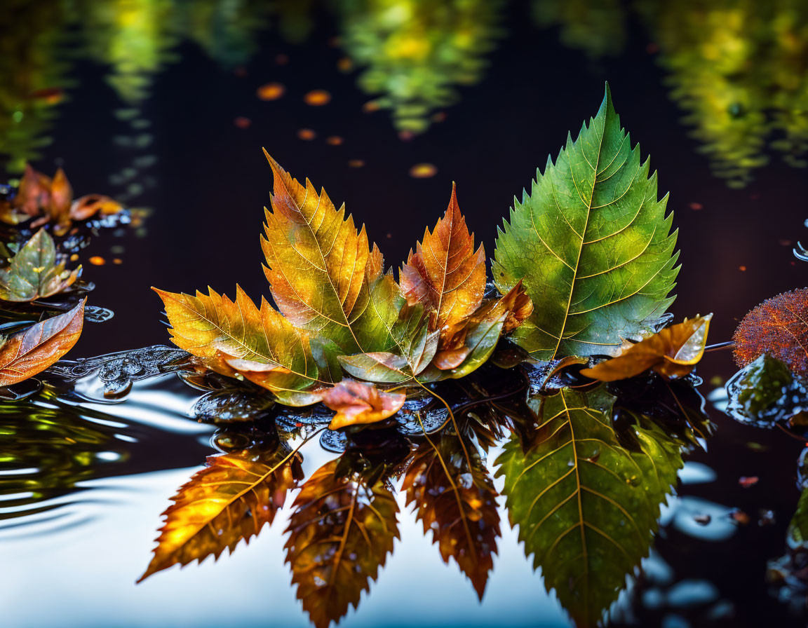 Autumn leaves floating on water with tree and sky reflection