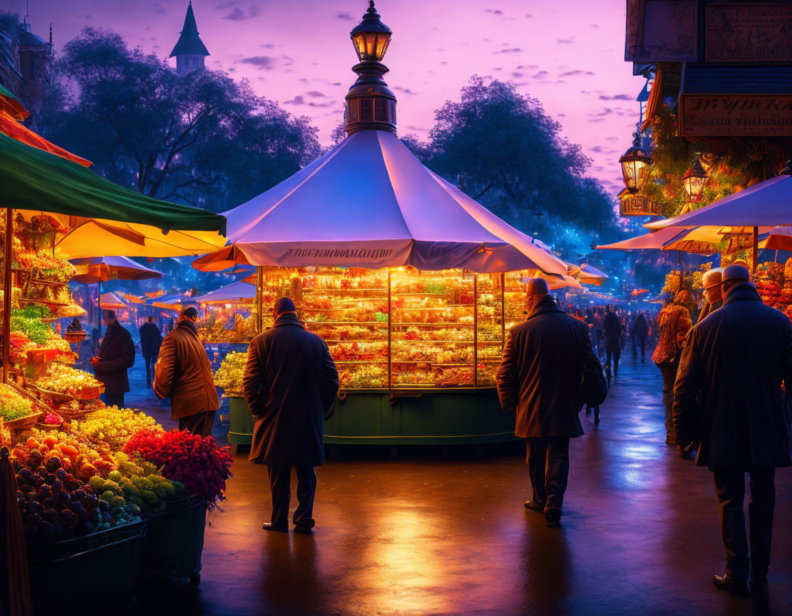 Vibrant outdoor market at twilight with illuminated food stalls