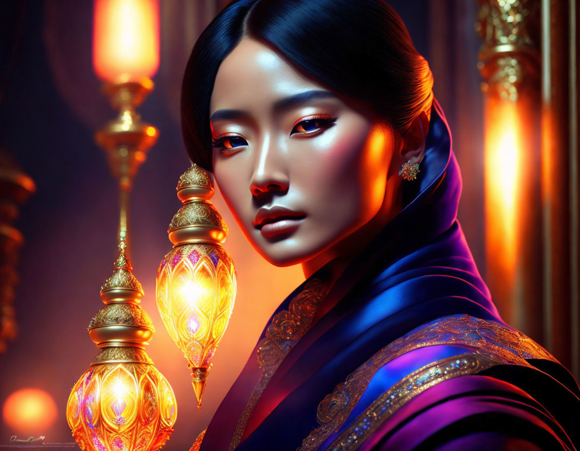 Vibrant digital art portrait of a woman with glowing lanterns