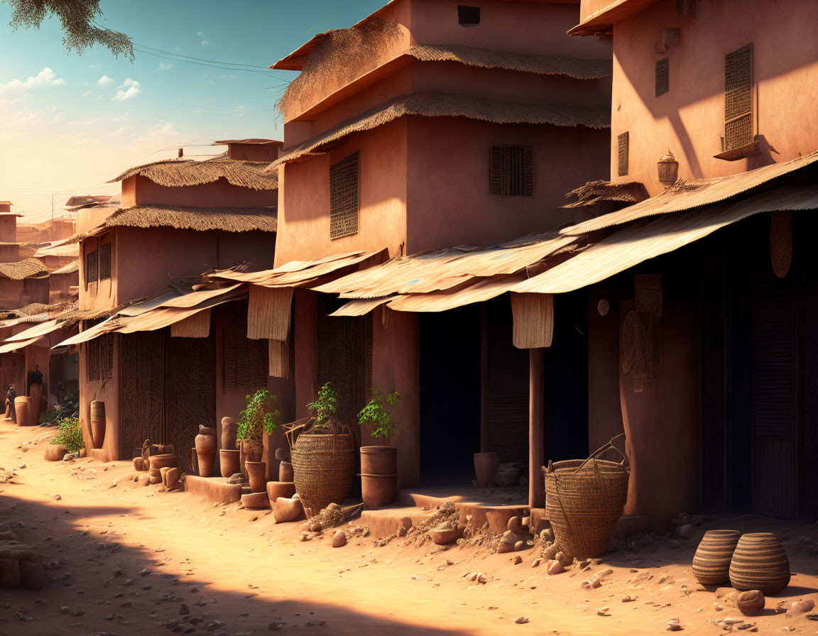 Traditional village street scene with earthen buildings, walkways, plants, and baskets under warm light.