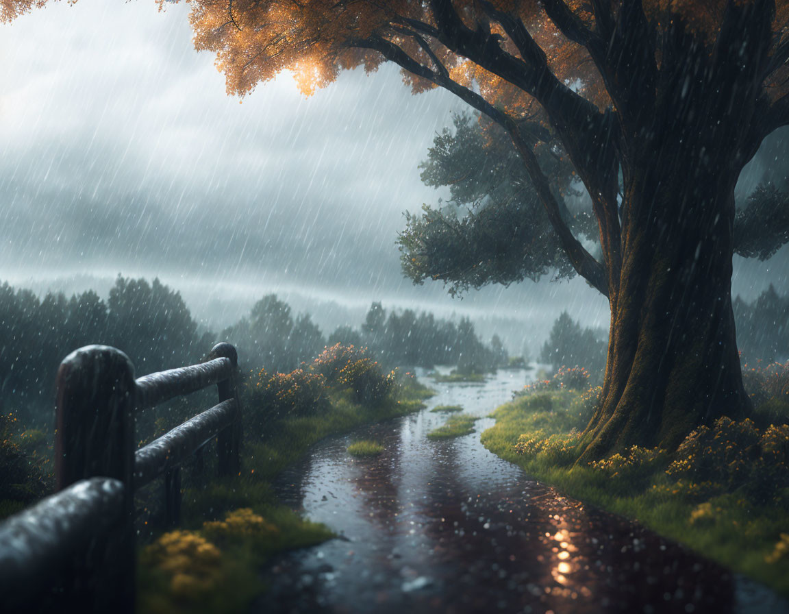 Rainy scene with wet pathway, wooden fences, autumn trees, heavy downpour
