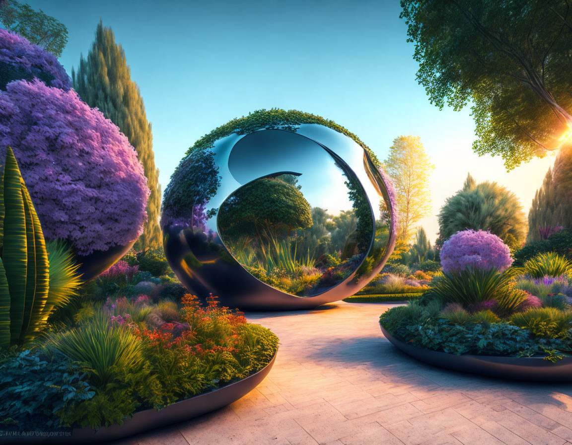Lush surreal garden with reflective spherical sculpture