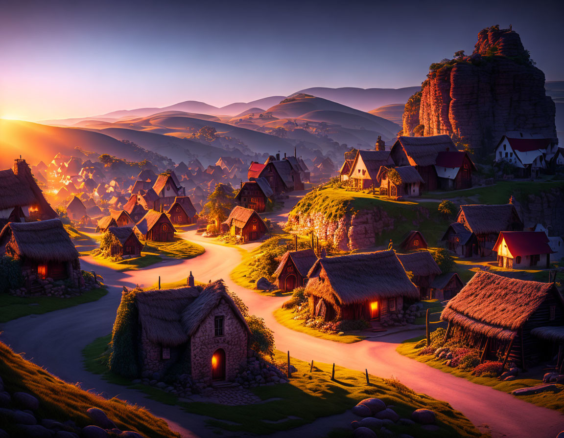 Thatched-Roof Village Scene with Rolling Hills at Sunrise