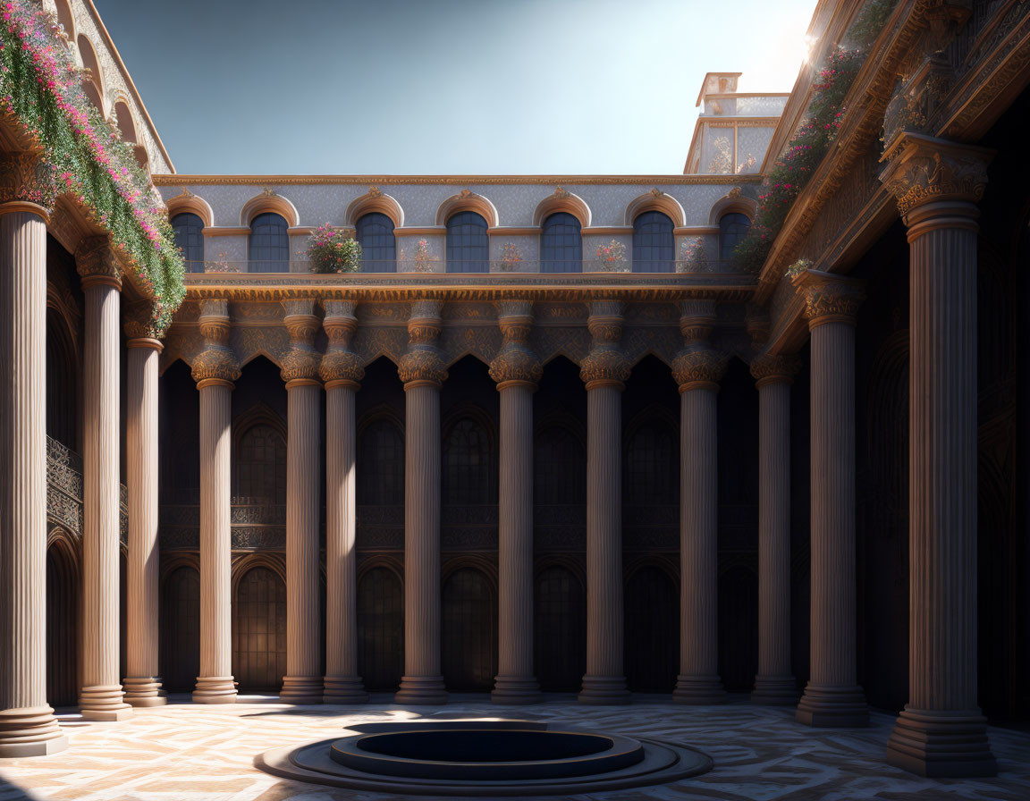 Ornate Classical Courtyard with Columns and Circular Design