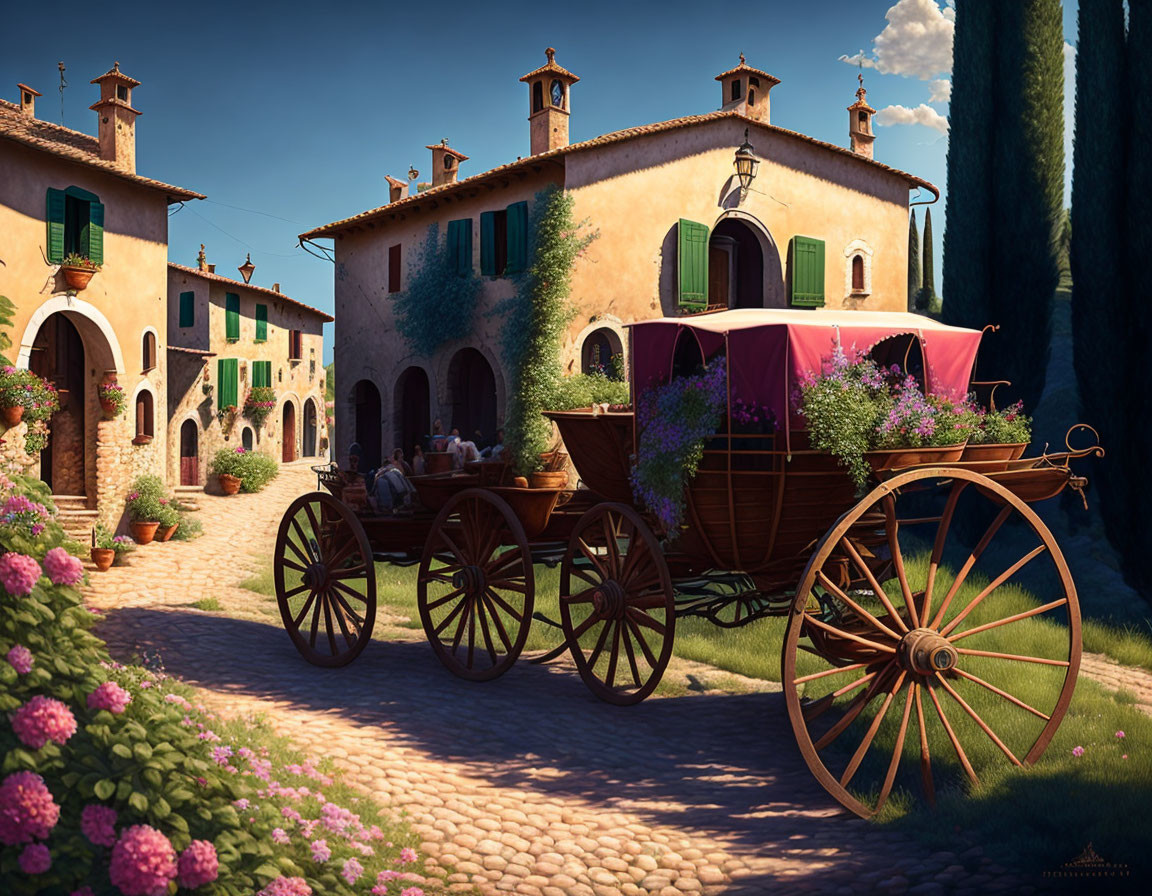 Horse-drawn cart with flowers in sunny courtyard surrounded by quaint houses