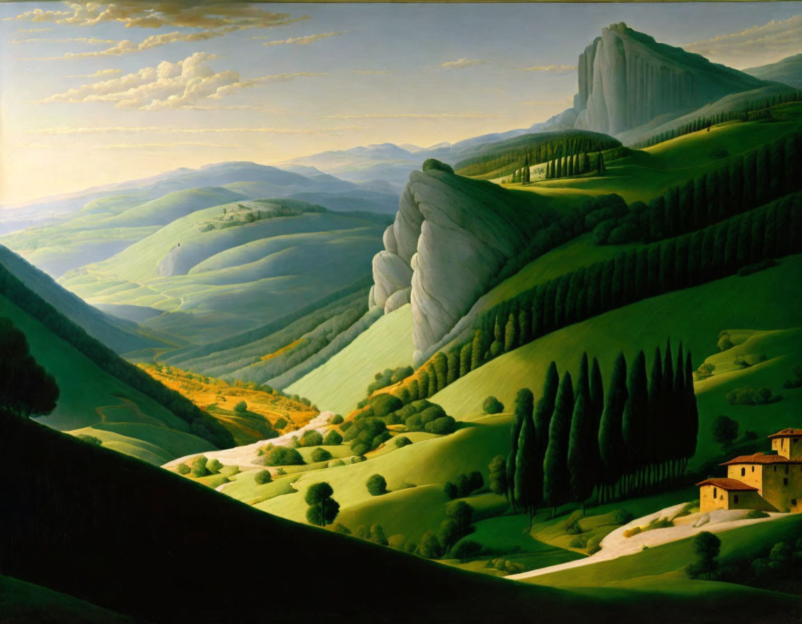 Surreal landscape painting with undulating hills and golden light