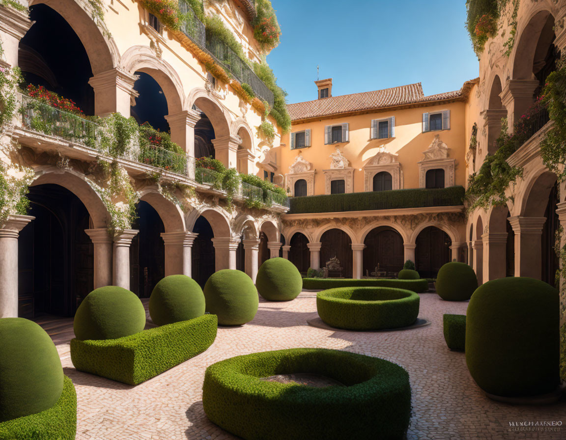 Manicured green hedges and arched porticoes in serene courtyard