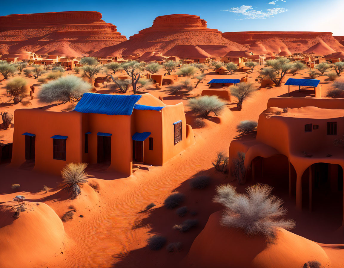 Traditional desert buildings with blue canopies in orange sand dunes