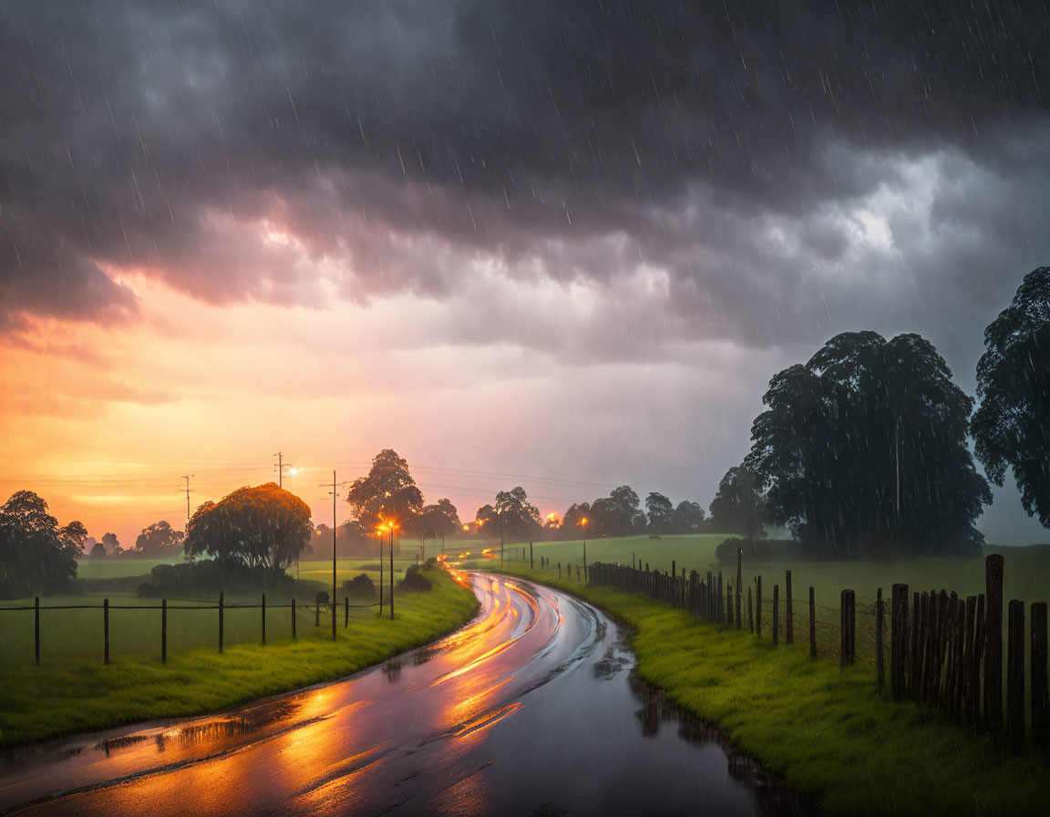 Rainy Twilight Scene: Wet Road, Street Lights, Wooden Fence, Trees, Orange Sky