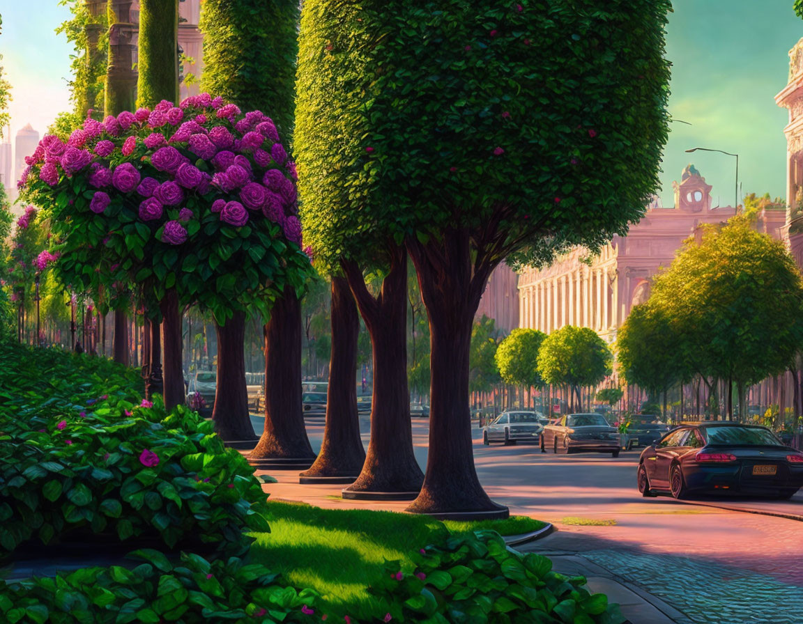 Tranquil urban street with trees and car at sunrise.