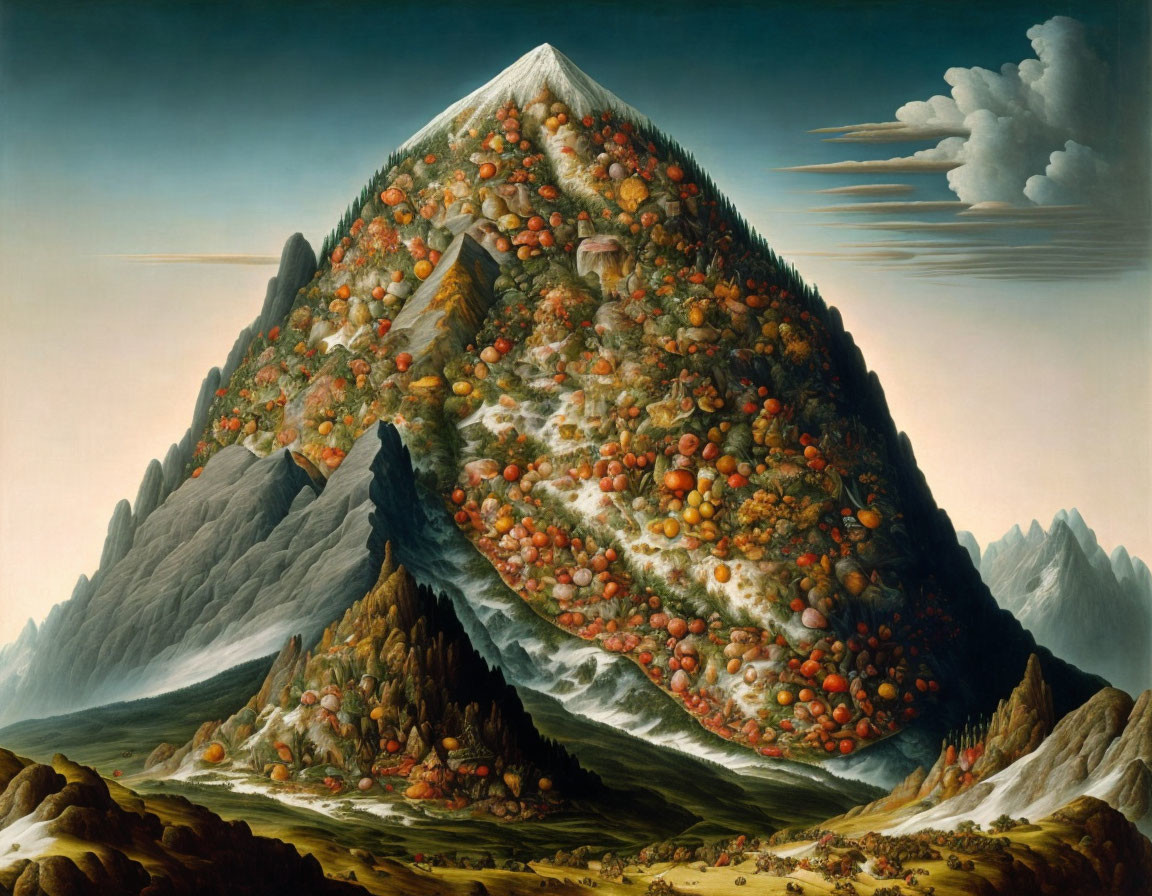 Surreal painting of fruit-covered mountain in cloudy landscape