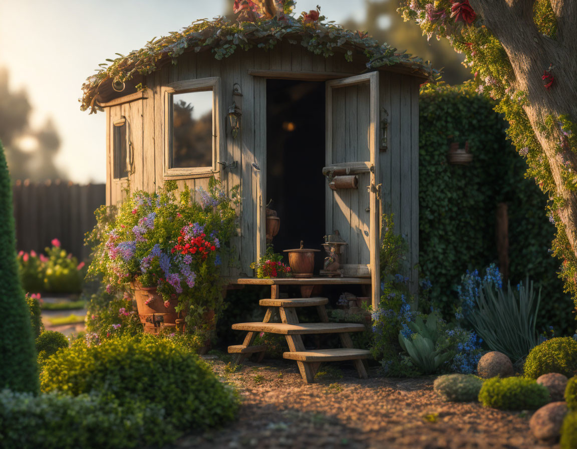 Serene garden shed with plants and flowers in golden hour landscape