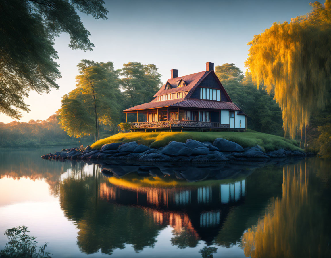 House on an islet in a lake.