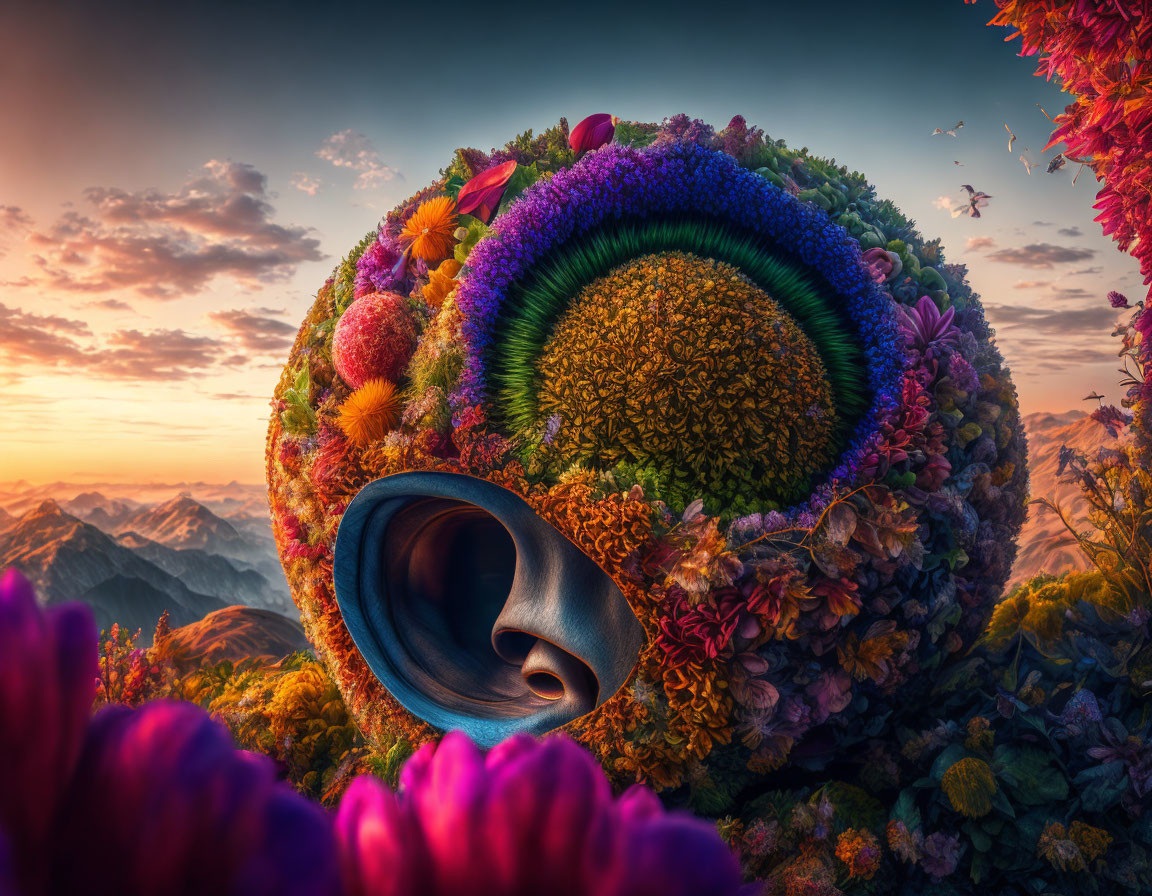 Colorful spherical structure with floral adornments in fantastical landscape