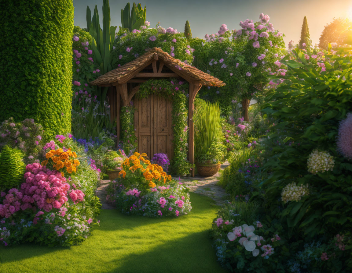 Tranquil garden with wooden arbor, lush greenery, and vibrant flowers