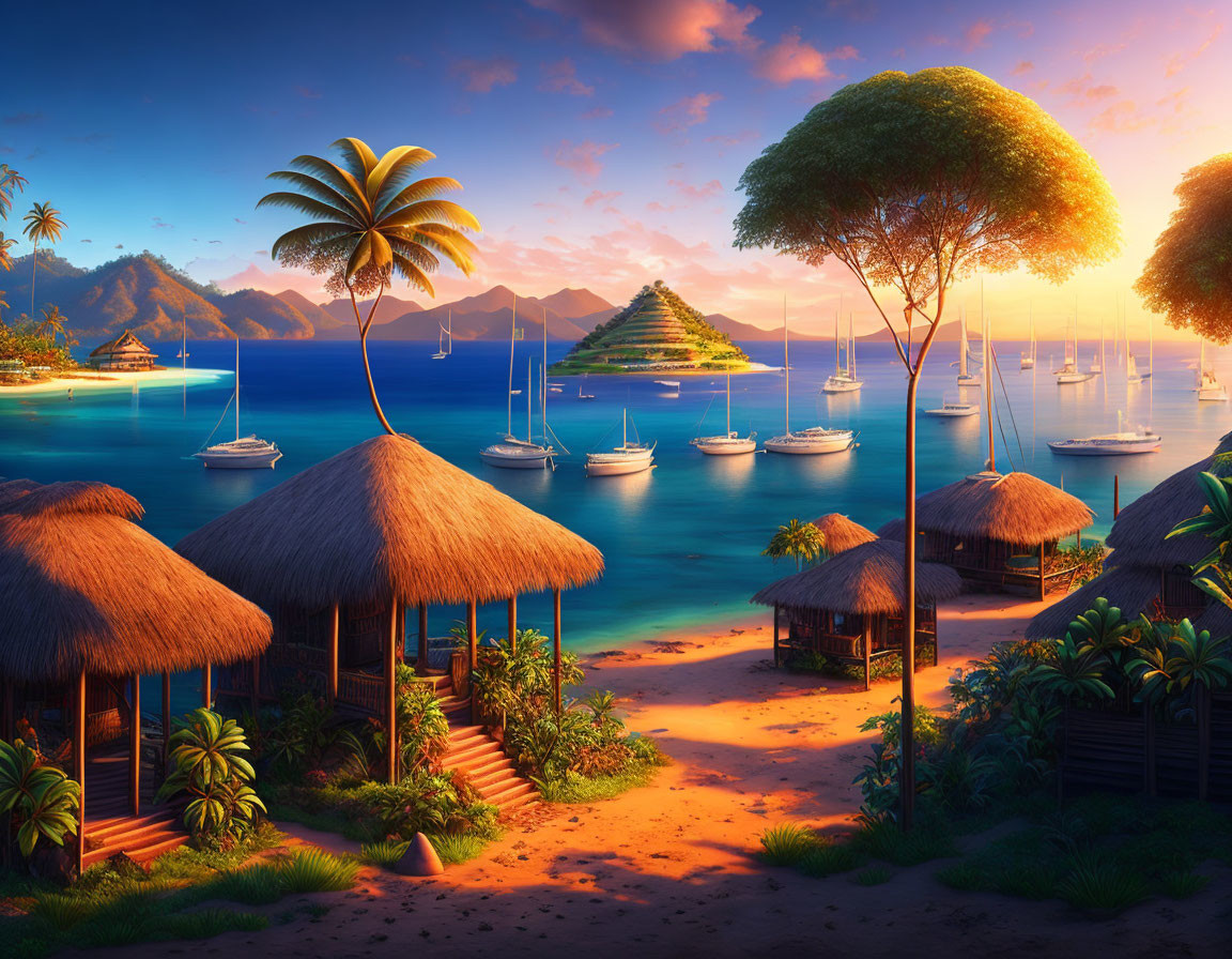 Tropical beach sunset scene with thatched huts, palm trees, sailboats, and distant mountains