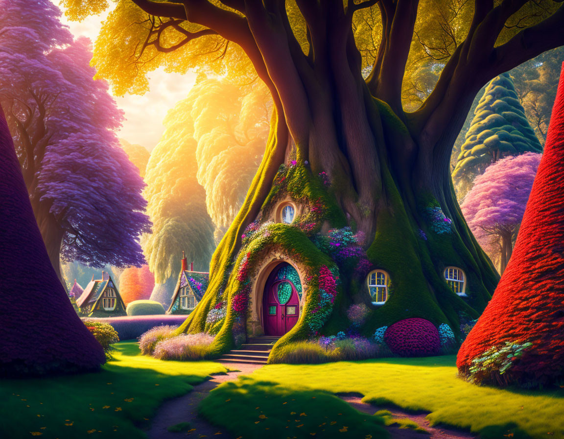 Gigantic tree surrounded by fairy cottages
