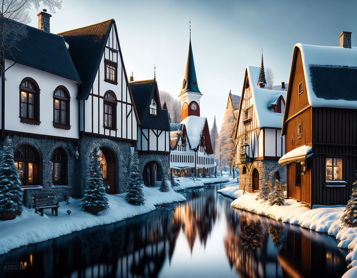 Snow-covered half-timbered houses in serene winter village scene