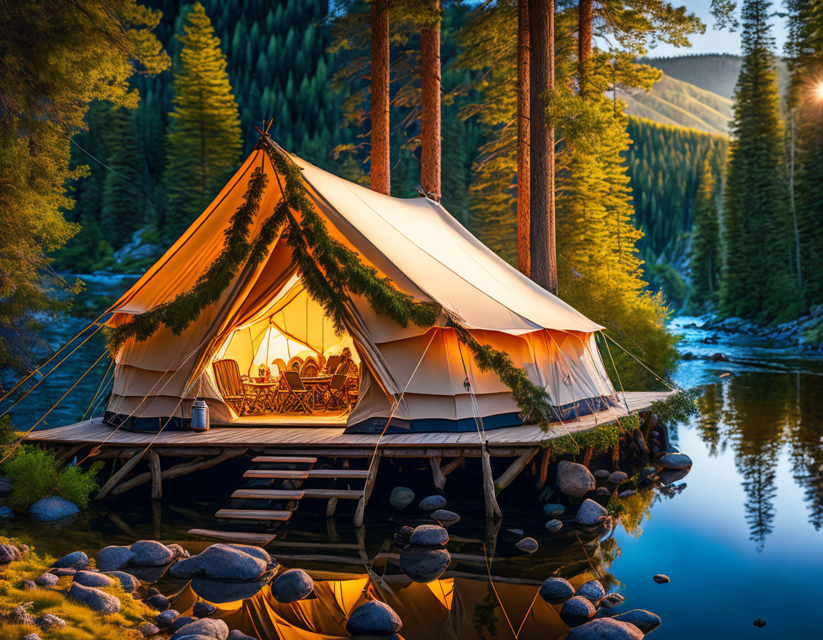 Luxurious Glamping Tent by Serene River in Forest at Sunset