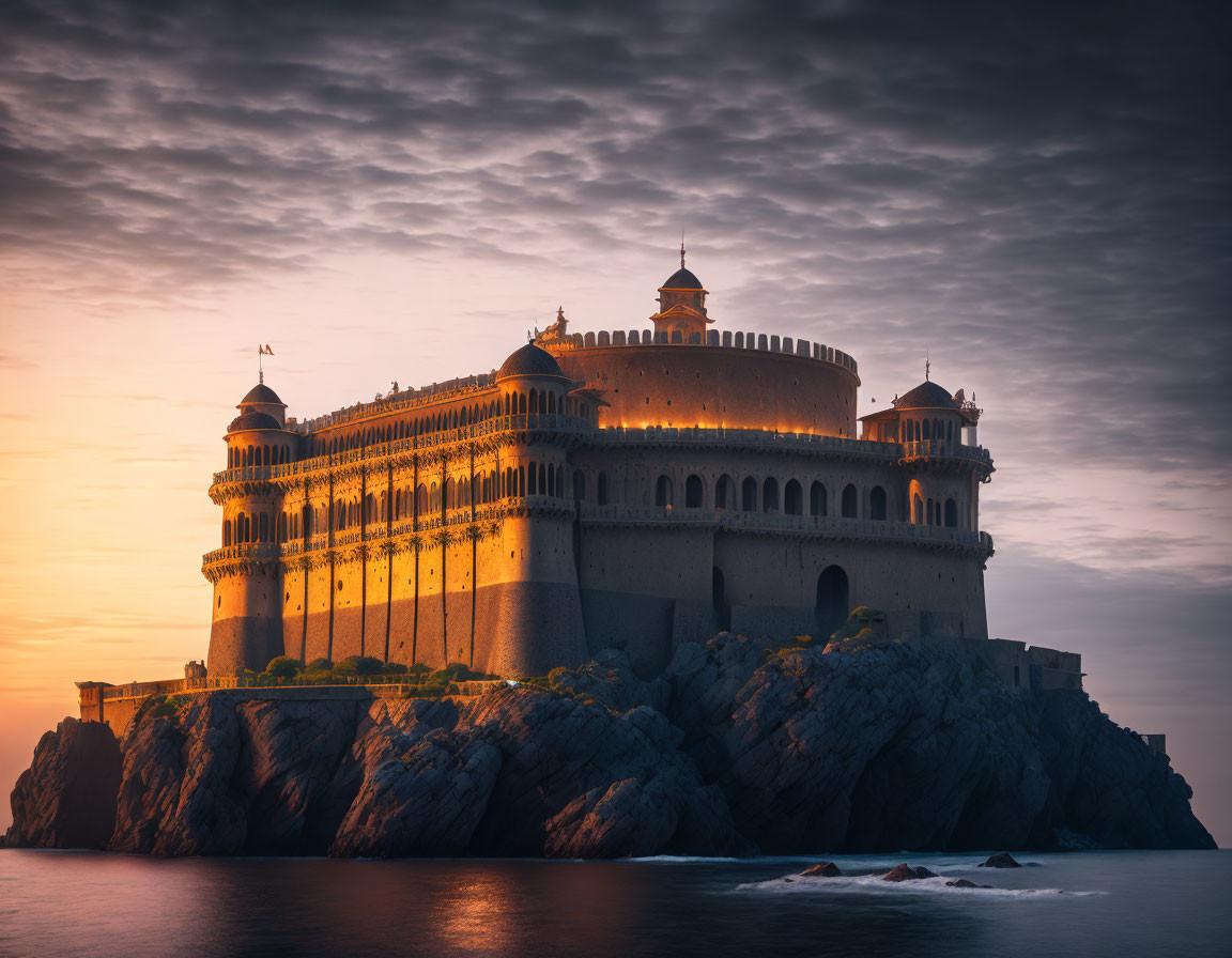 Majestic castle on seaside cliff at sunset