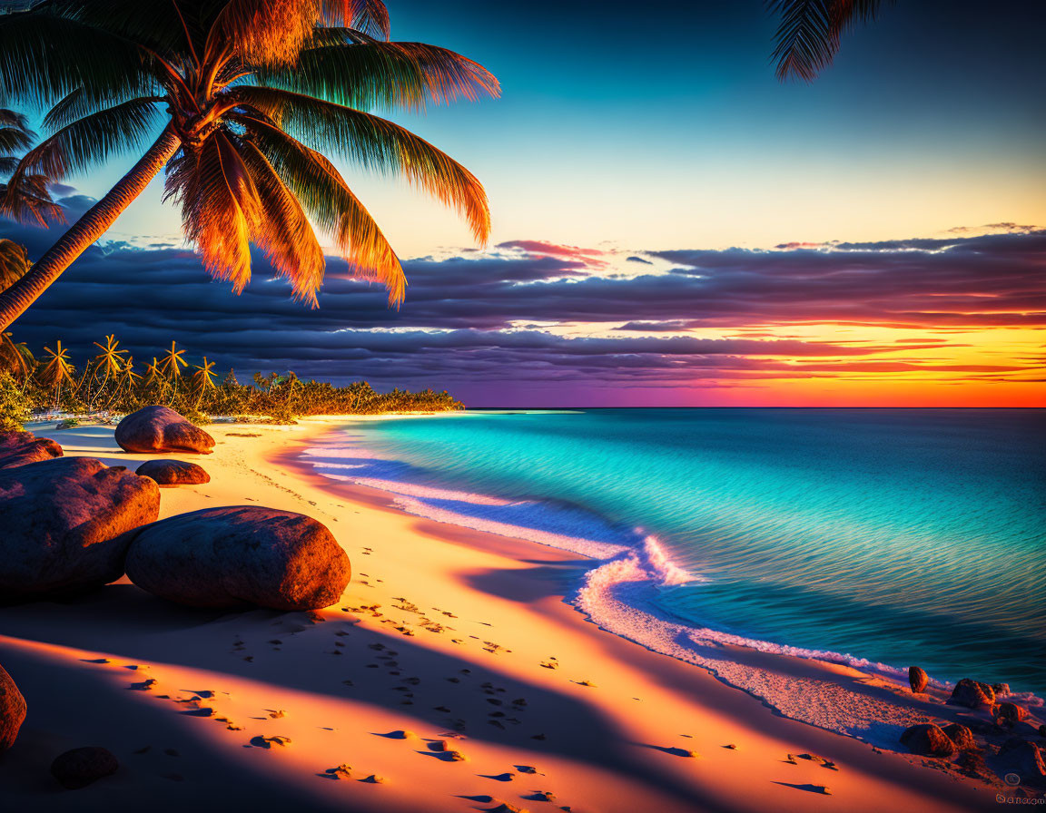 Idyllic Sunset Scene: Palm Trees, Vibrant Sky, Calm Sea