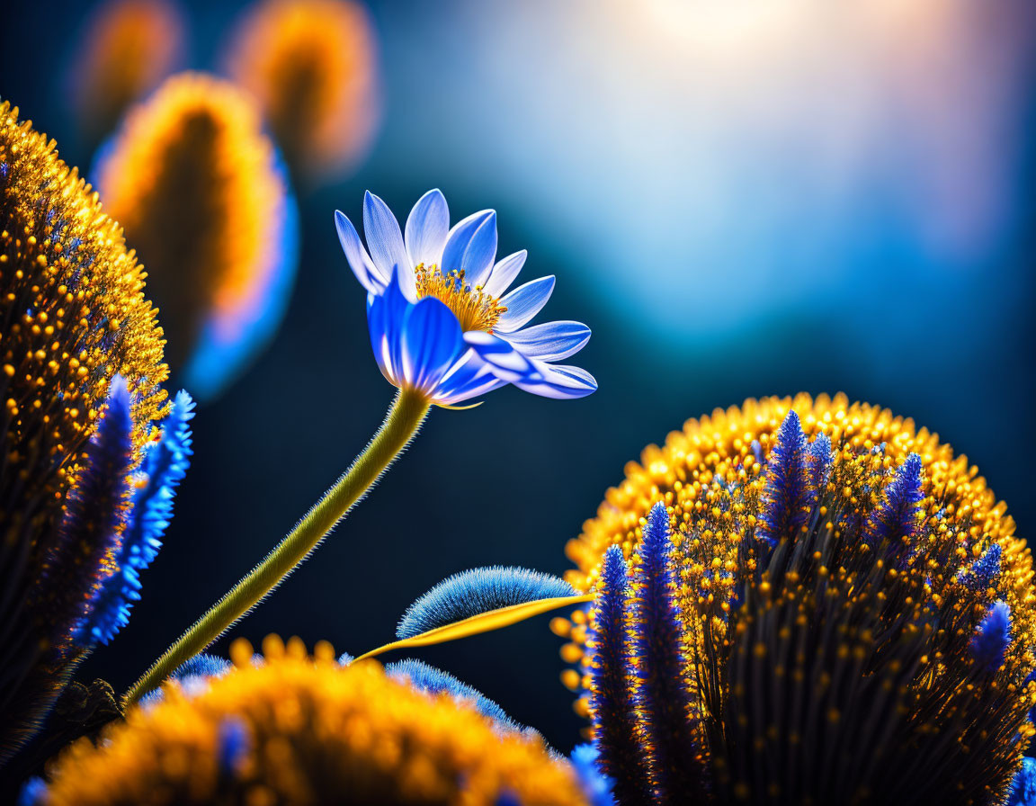 White and Yellow Daisy Among Golden Flowers on Blue Background