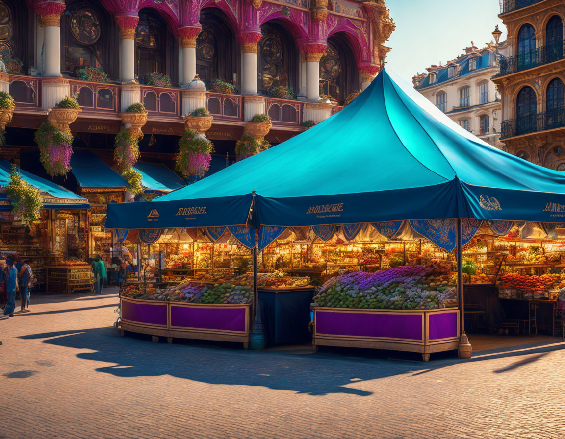 Colorful outdoor market stalls under blue canopy in ornate city square.