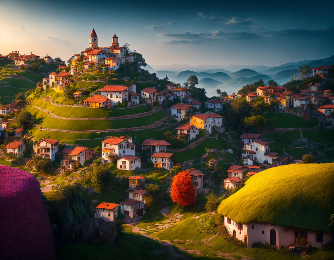 Scenic hilltop village at sunset with terraced fields and traditional houses