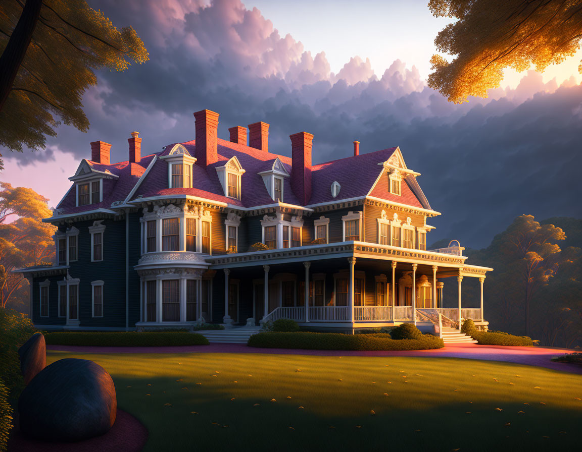Victorian-style house with wraparound porch in warm sunset light, surrounded by forest and dramatic clouds