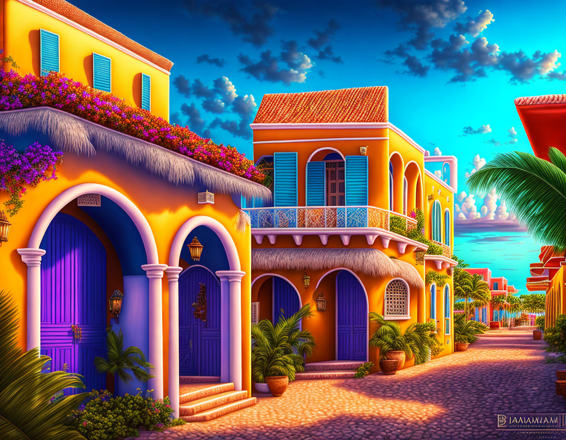 Colorful Illustration: Picturesque Street with Bougainvillea-lined Buildings at Sunset