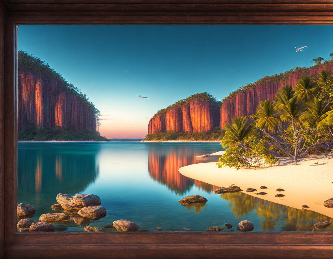 Tranquil Tropical Beach Sunset with Red Cliffs & Palm Trees