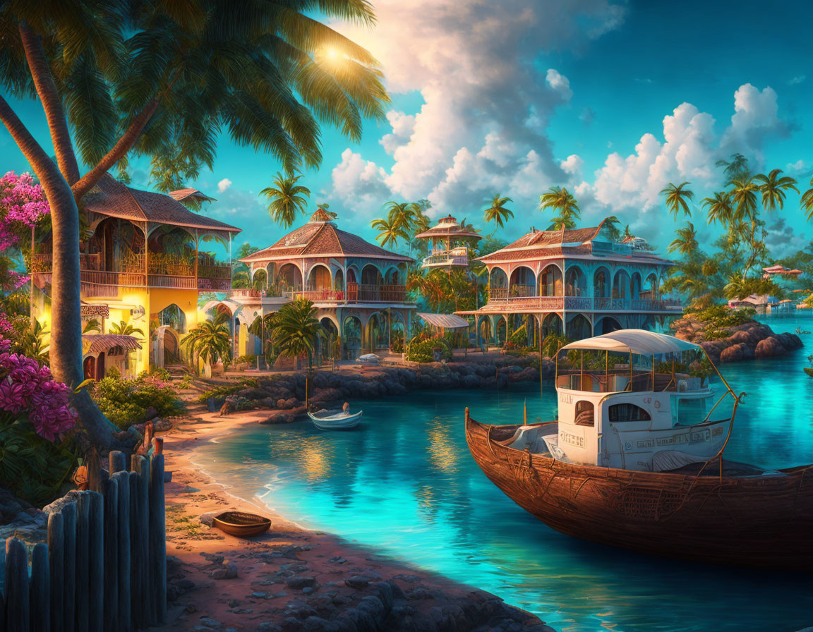 Tranquil Tropical Seascape with Villa, Boats, and Flora
