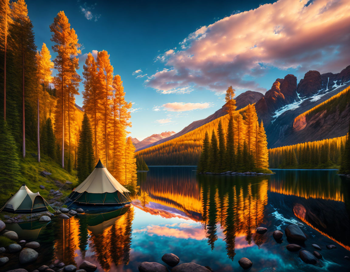 Sunset camping tents near serene lake with pine trees and mountains