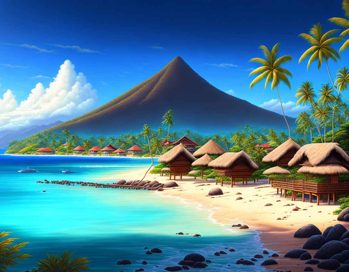 Tropical Beach Scene with Huts, Palm Trees, Volcano, and Blue Water