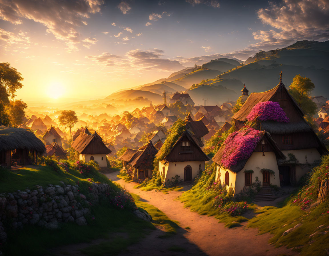 Scenic sunrise village: thatched cottages, cobbled path, misty mountains