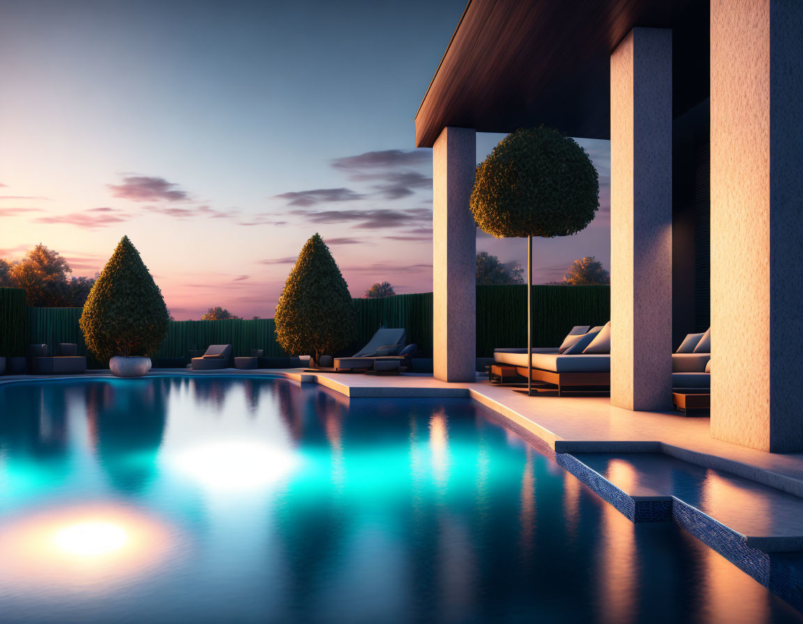 Stylish poolside oasis at dusk with illuminated water and modern architectural backdrop.