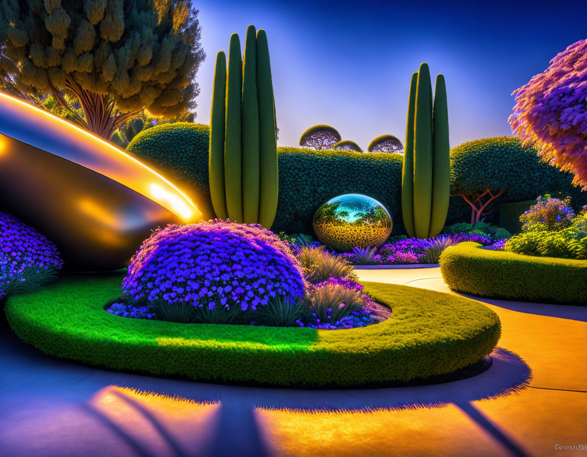 Lush garden with purple flowers, cacti, trees, and reflective spheres at twilight